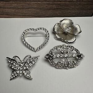 Rhinestone Butterfly Heart Flower Etc Silver Tone Brooch Pin Lot Of 4